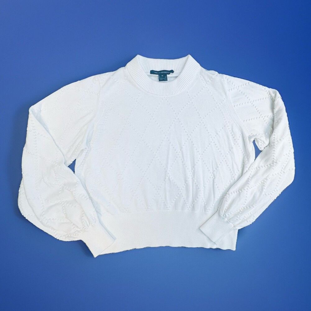 French Connection Sweater XL Ivory Cotton Bobble-Chevron Puff Sleeves Natural
